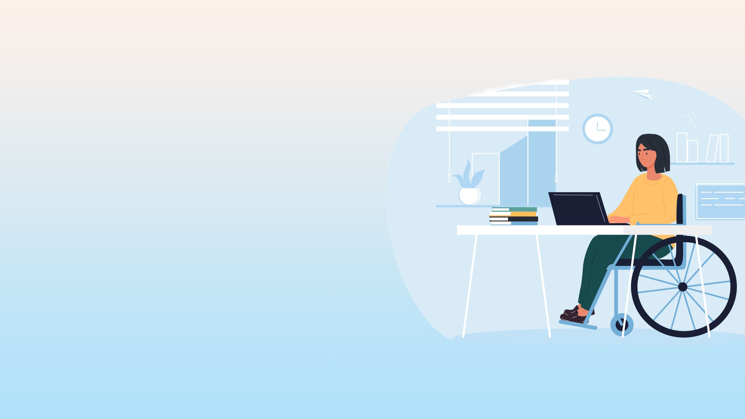 Illustration of woman in a wheelchair working at her desk by a window.