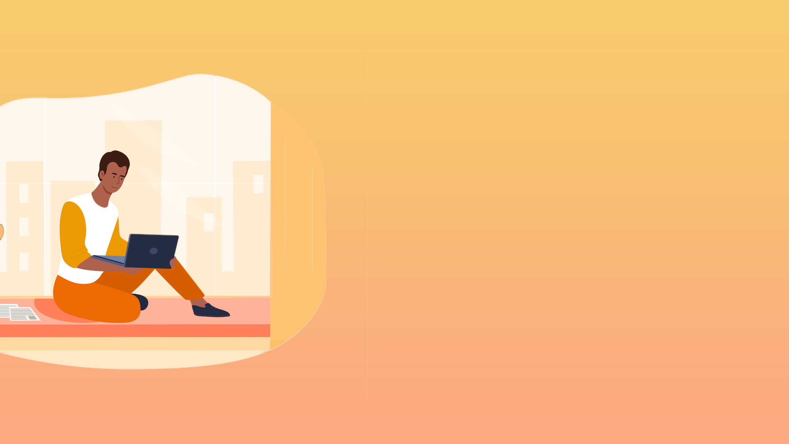 Illustration of a man sitting in a windowsill working on a laptop.