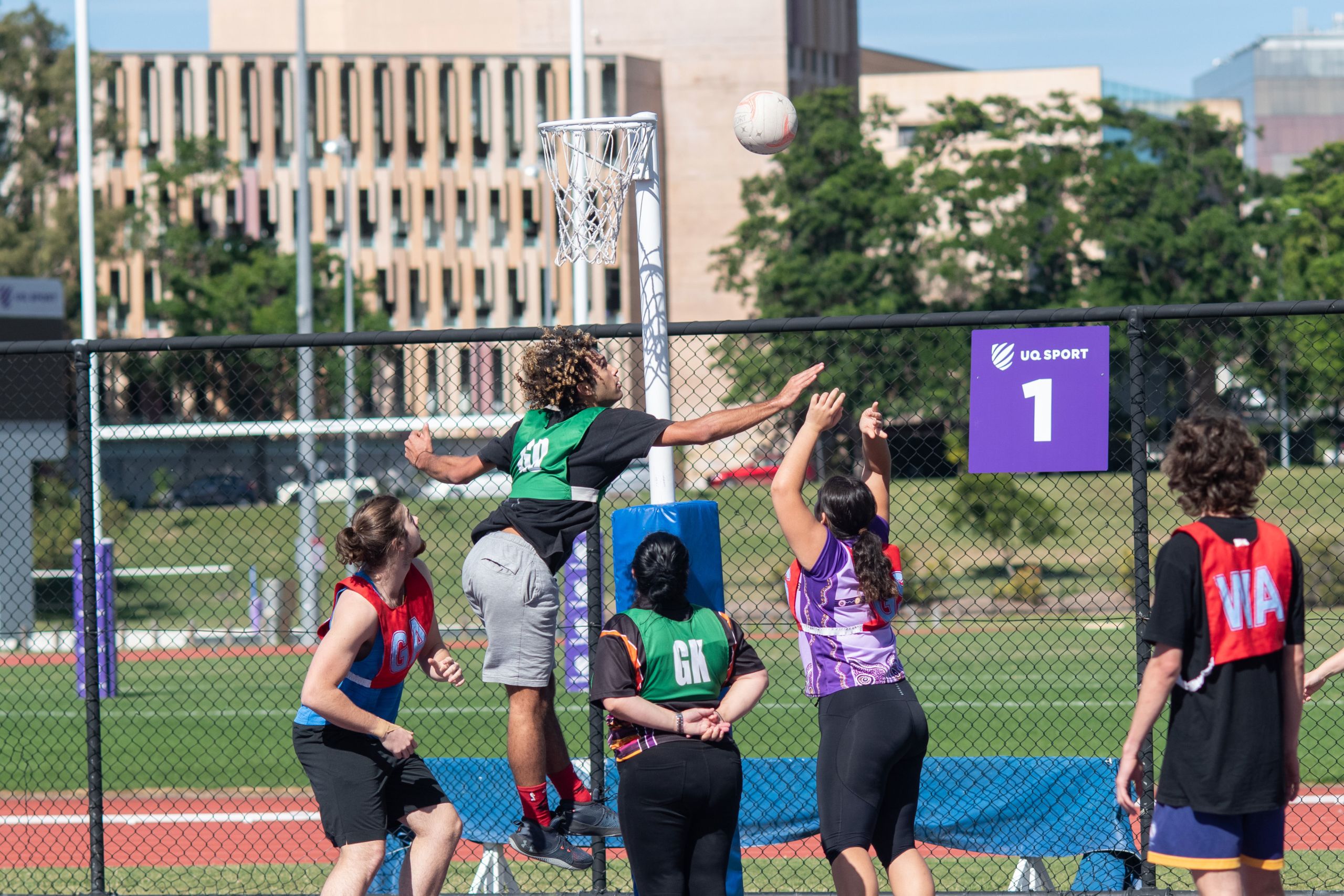 An image of Diamond Spirit camp participants playing a a friendly game of netball with UQ’s Goorie Berrimpa Student Collective.