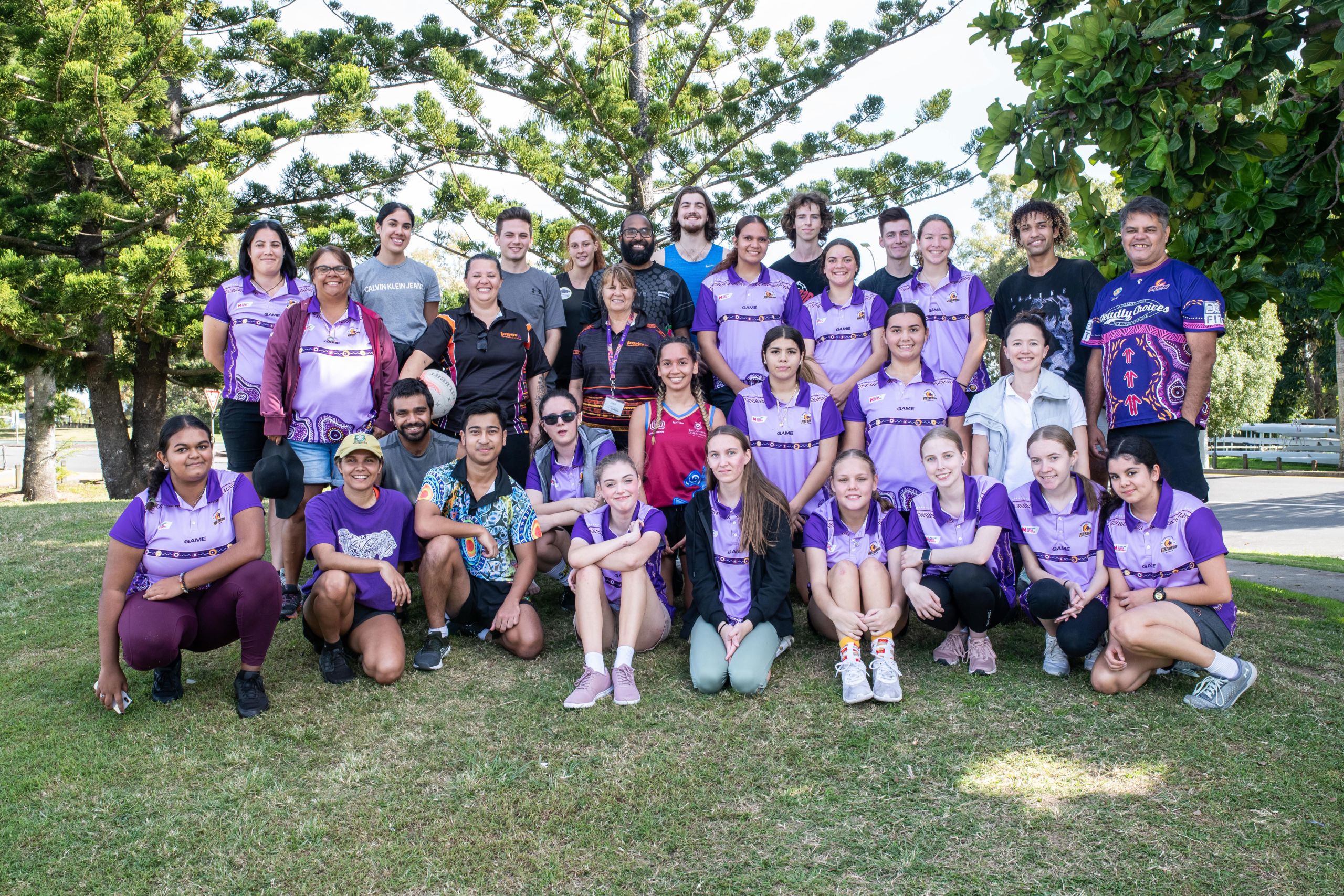 An image of participants of the Diamond Spirit camp with members of the Goorie Berrimpa Student Collective, and UQ’s Aboriginal and Torres Strait Islander Studies Unit at UQ's St Lucia campus.