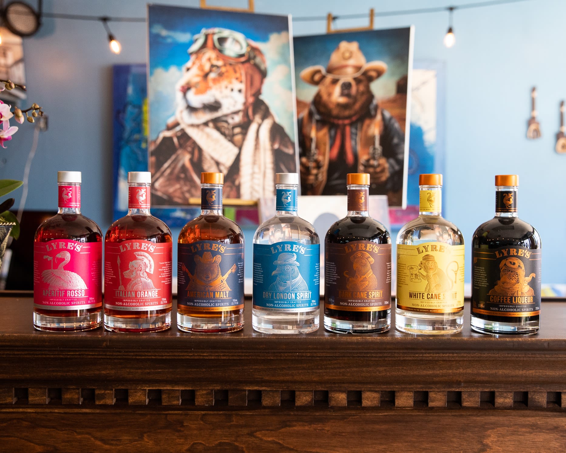 Glass bottles of non-alcoholic spirits on a table