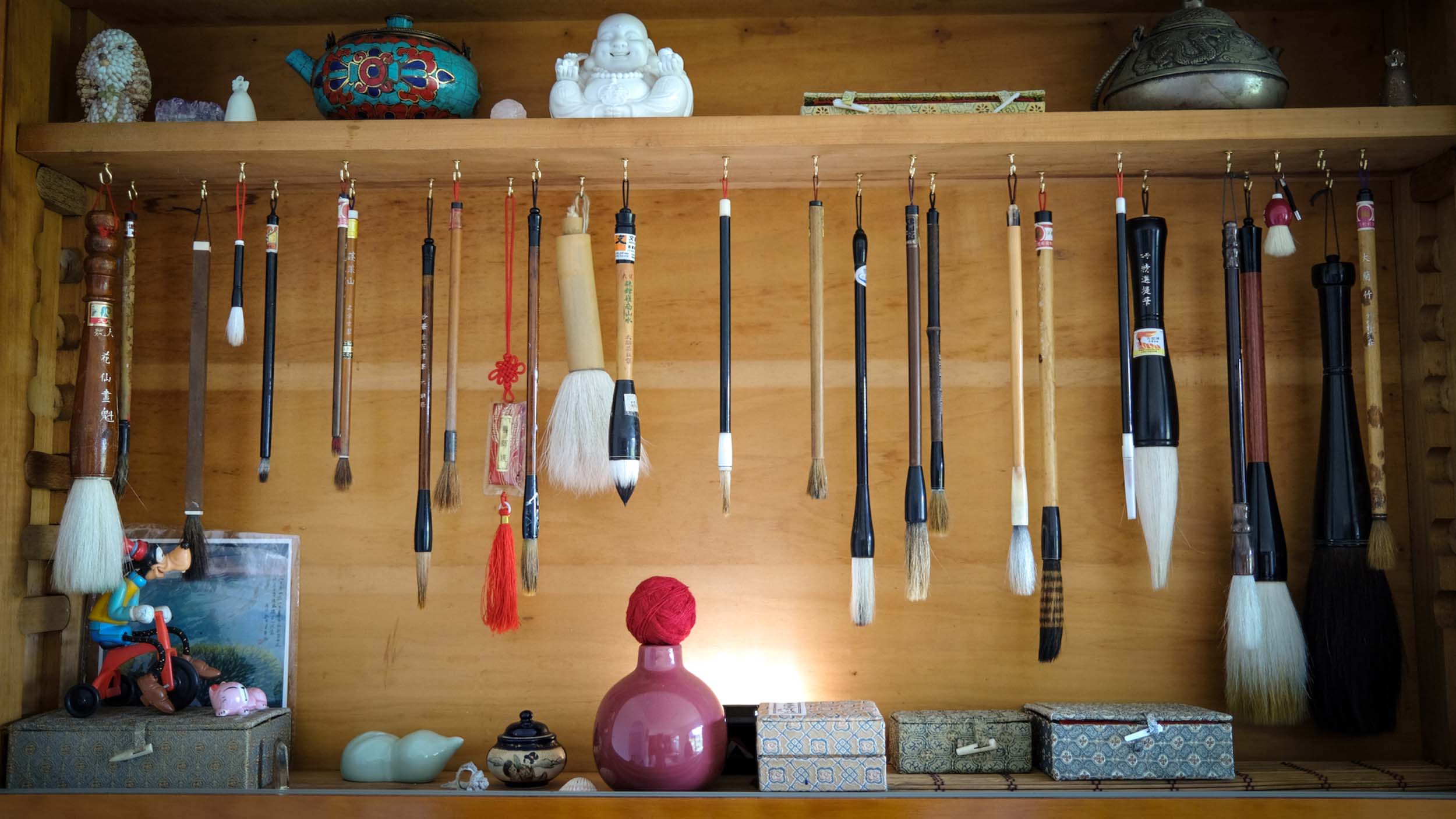 A collection of fine art brushes hanging from hooks in a bookshelf.