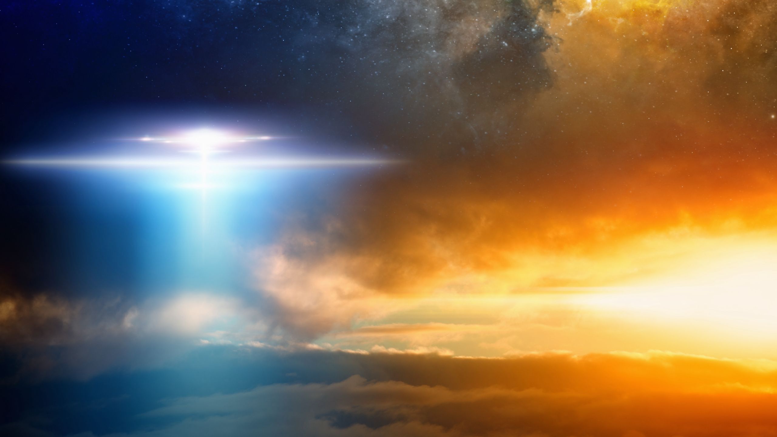 Illustrated extraterrestrial alien spaceship in red glowing sky.