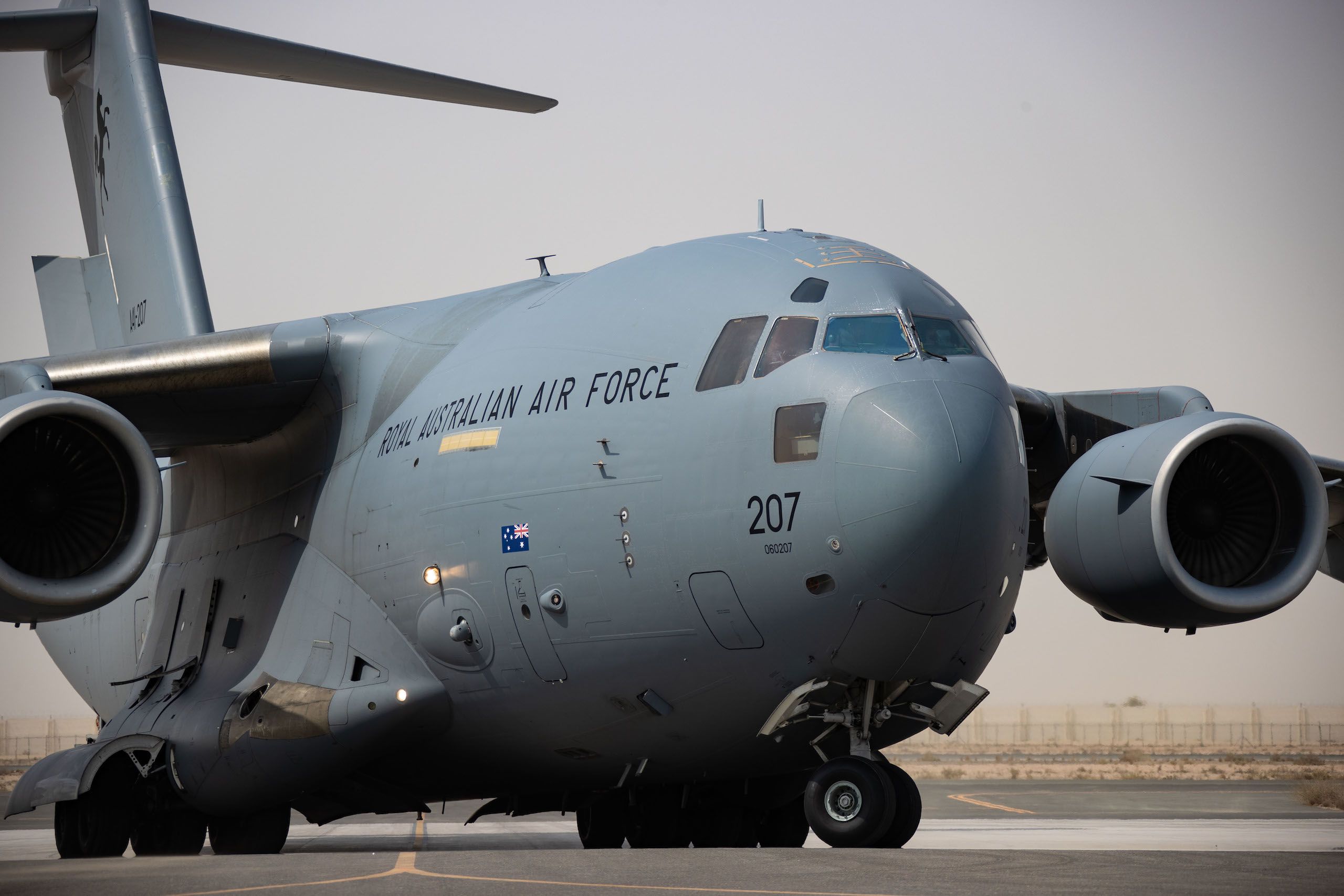 Two Royal Australian Air Force C-17A Globemaster III aircraft arrived at Australia's main operating base in the Middle East region on 18 August 2021.