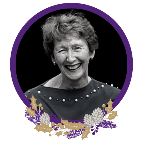 Black and white image of Caroline Frazer. The image has a purple circular border with a purple and gold native wreath at the bottom.
