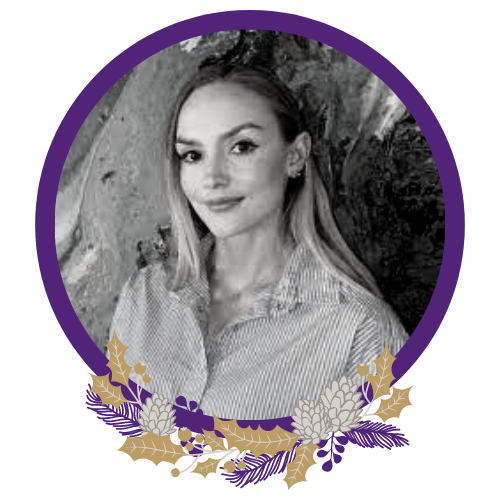 Black and white image of Jessie Harper. The image has a purple circular border with a purple and gold native wreath at the bottom.