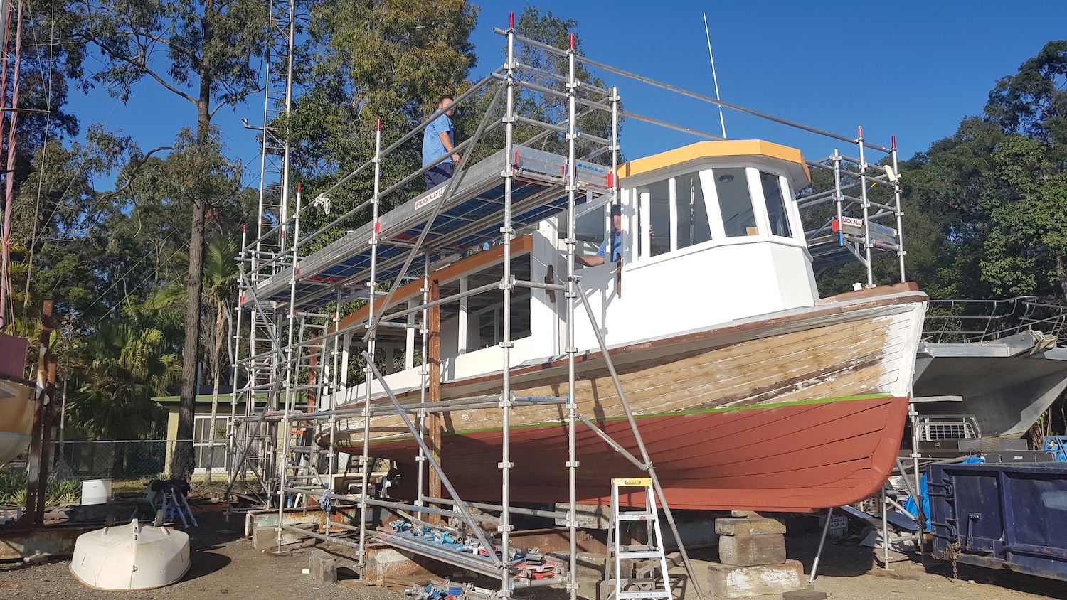 Scaffolding set up around the 'Hamilton' ferry as renovations and painting is underway.