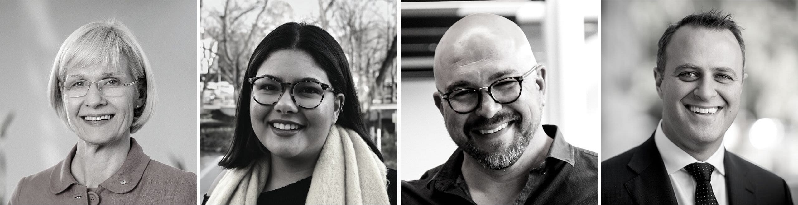 Grid showing the black and white portraits of the four panellists: Professor Deborah Terry, Zoe Ranganathan, Scott Stephens and Tim Wilson MP.