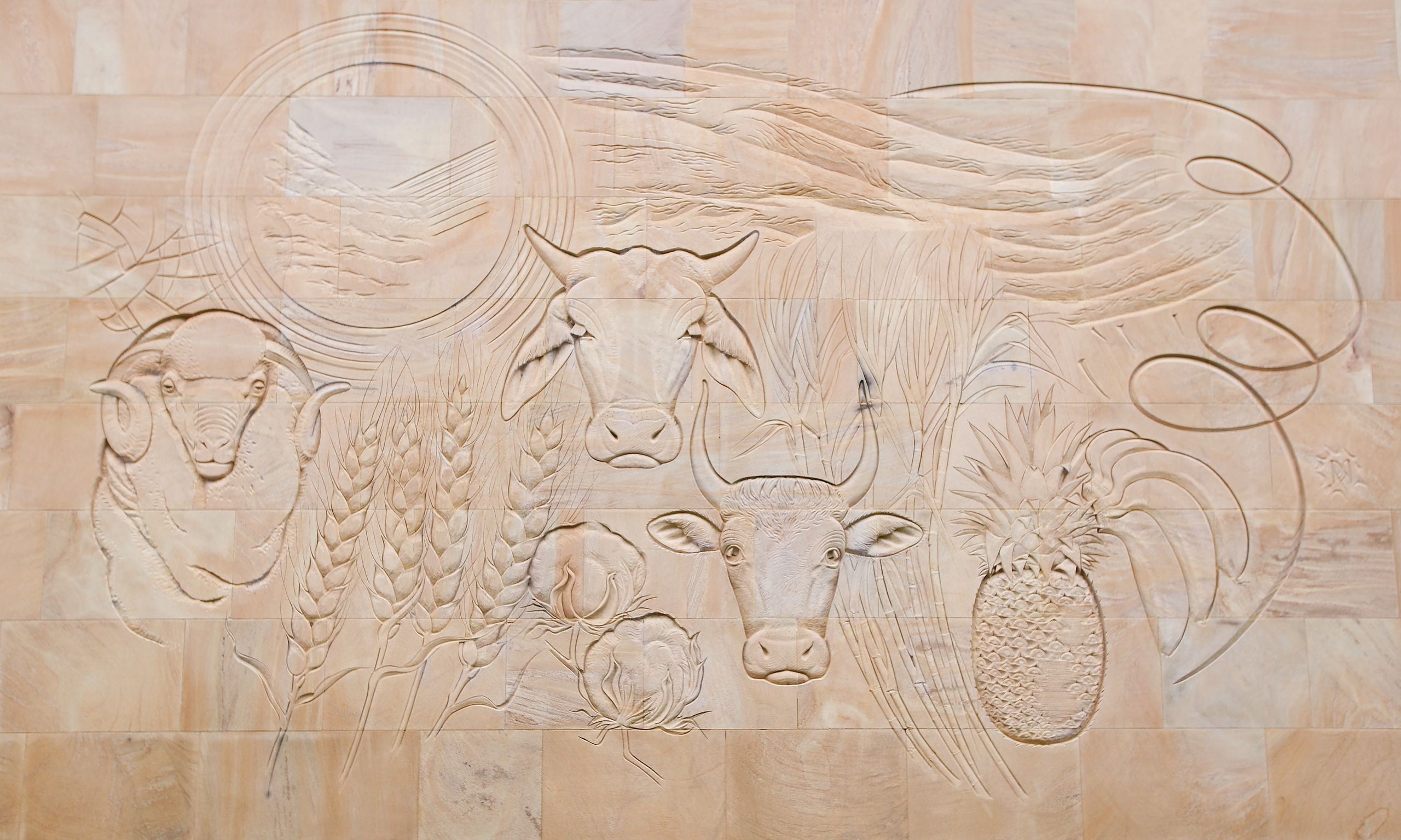 The Helidon freestone frieze at UQ Gatton.