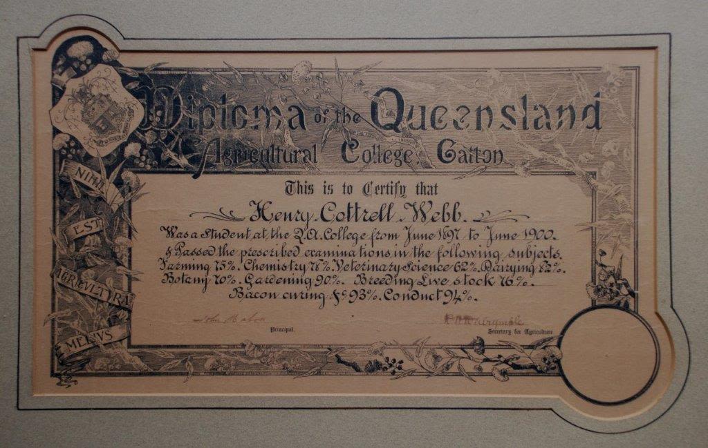 Certificate from Queensland Agricultural College