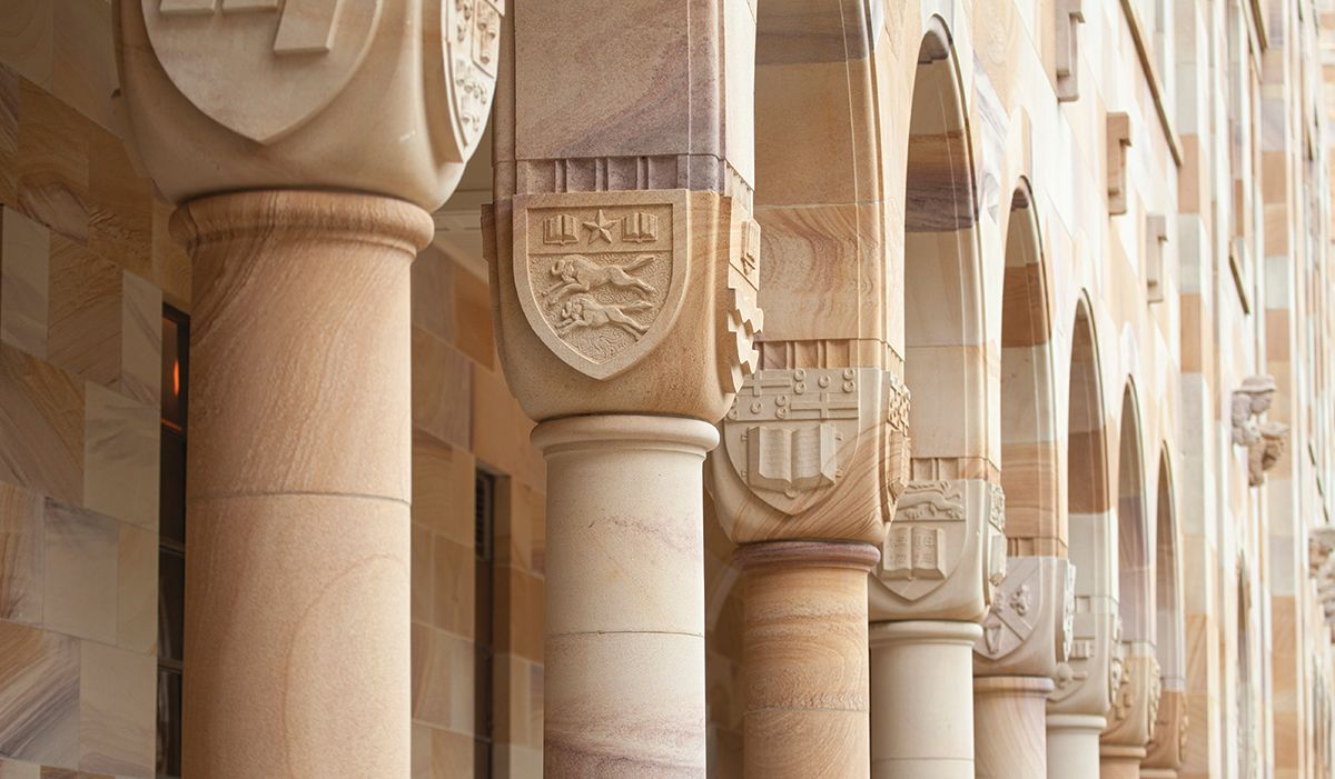 Heraldry at the Great Court at UQ St Lucia.
