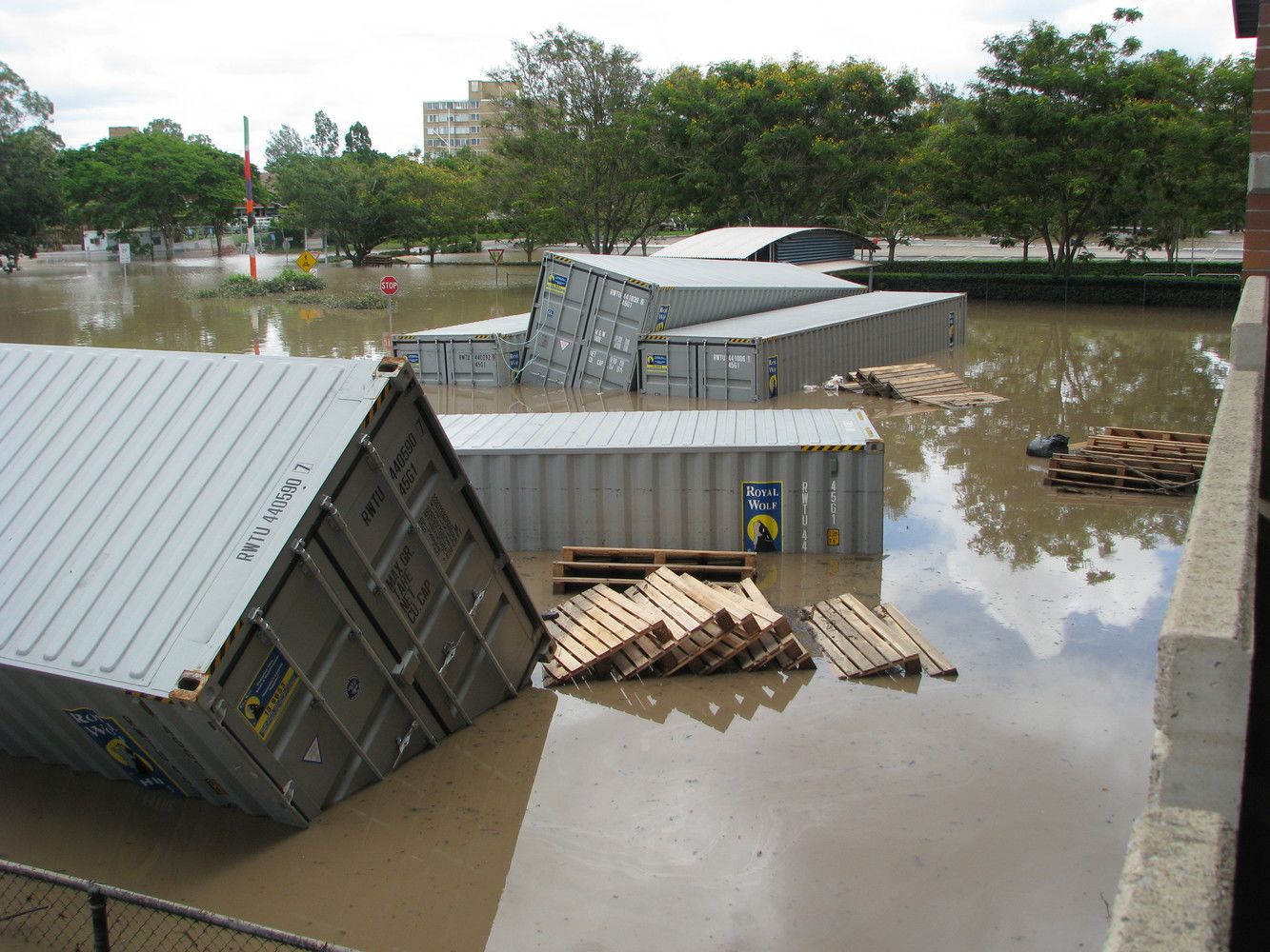 An image showing how Storage facilities were left floating and upturned.