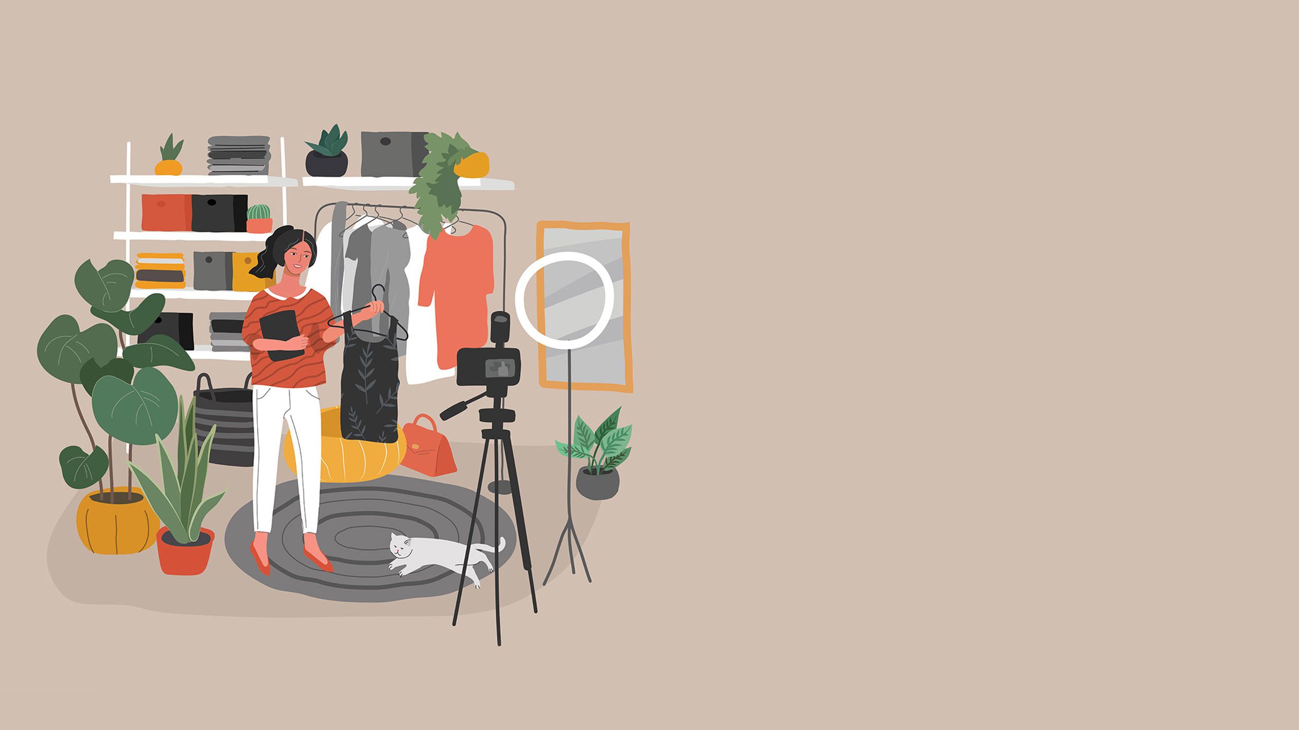 An illustration of a TikTok influencer talking to her camera while holding items of clothing in her bedroom.