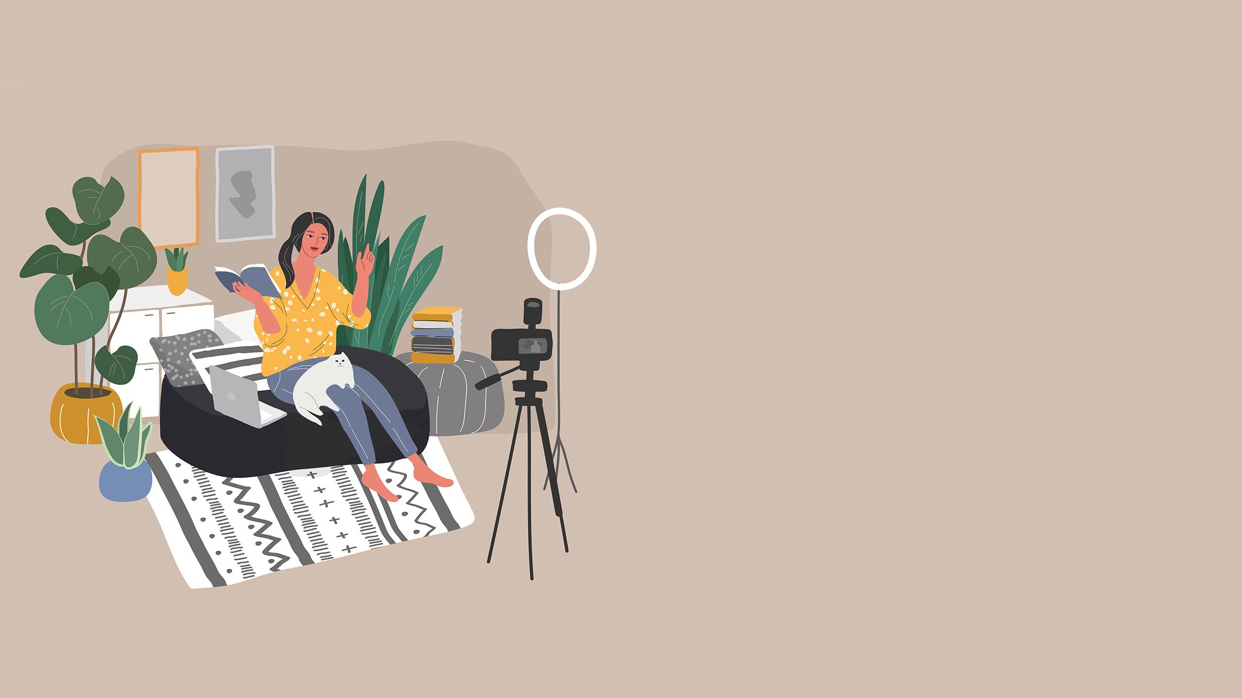 An illustration of a TikTok influencer reading to her camera while sitting on her bed in her bedroom.