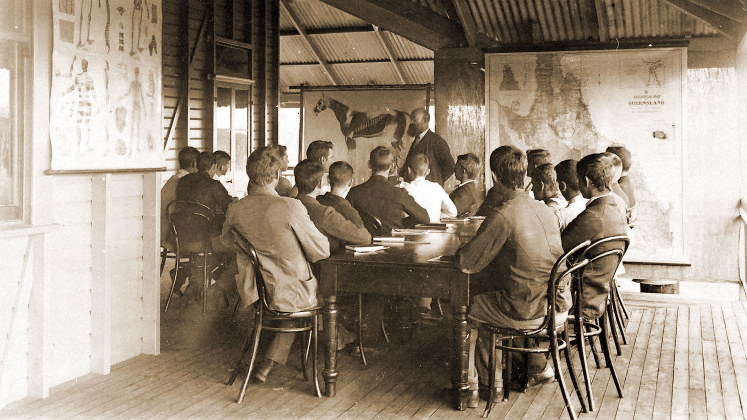 Students attend class on the verandah of the Foundation Building in 1902.