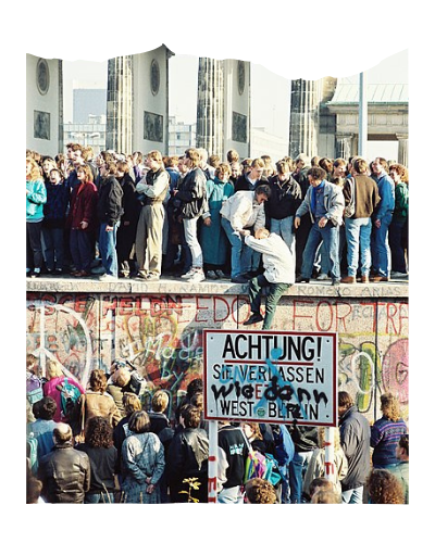 An image designed to look like a torn photograph. In the photograph, there is a tall, graffitied wall, with people standing both beside and on top of the wall. Someone on top of the wall is lifting someone from below up.