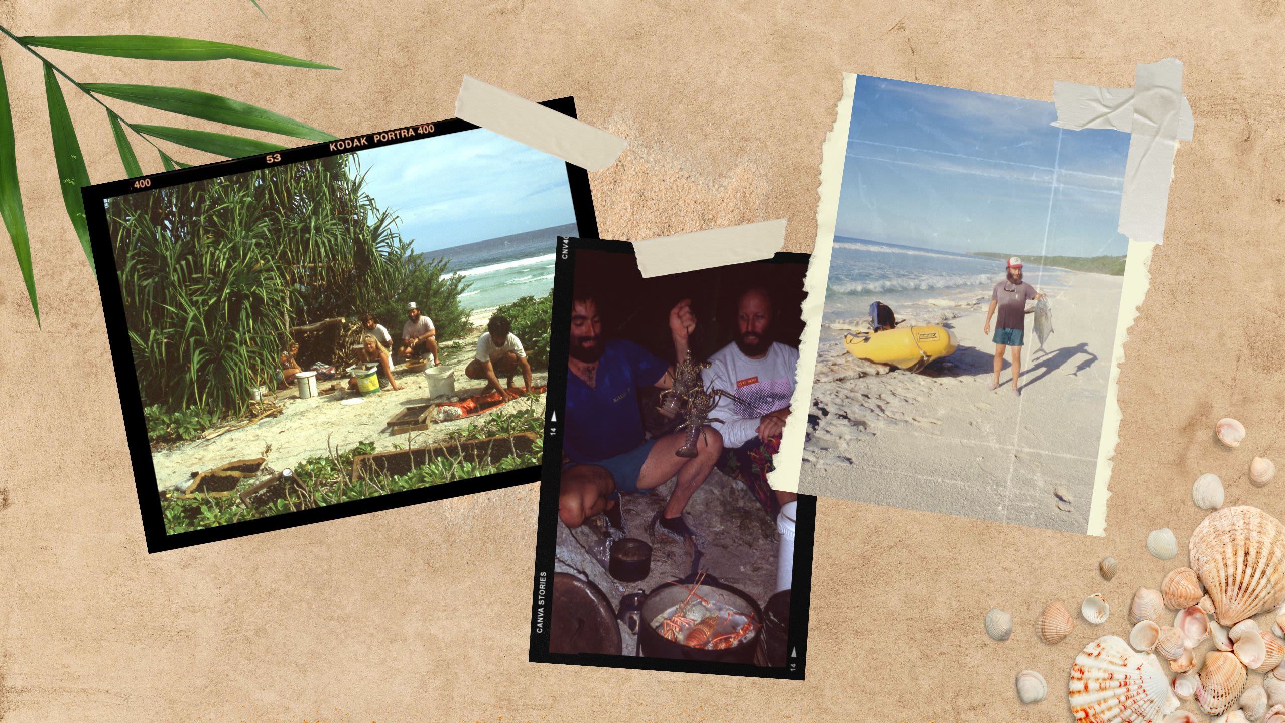 An image designed like a scrapbook, including three photographs: on the left, a group of people camping on the beach; in the middle, two men in front of a fire, one holding a lobster; and to the right, a man on a beach with a small plastic boat behind him, holding a large fish. The photographs are designed to look taped to the paper background, alongside scattered shells, sand and leaves.