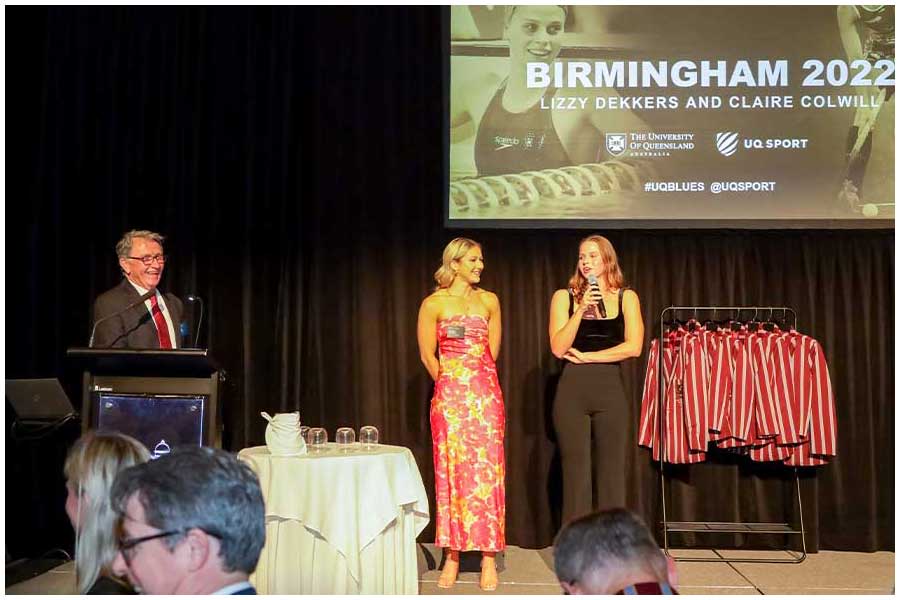 Commonwealth Games stars Elizabeth Dekkers and Claire Colwill on stage during the 2022 UQ Blues Awards.