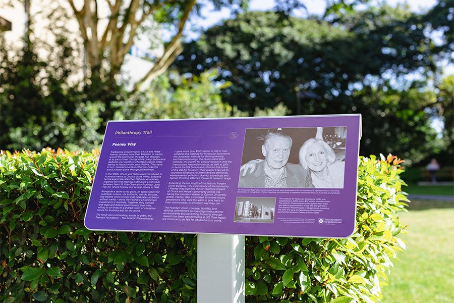 An image of the plaque commemorating the Feeney Way at UQ's St Lucia campus.