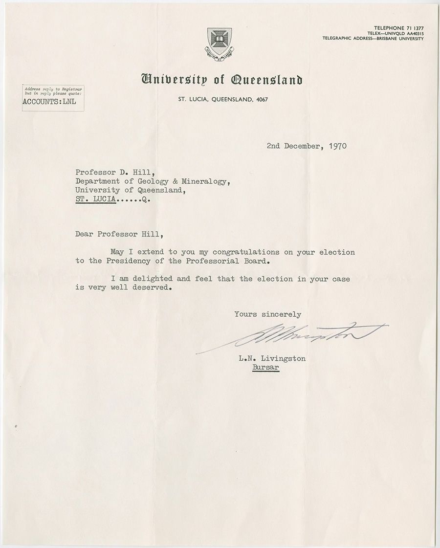 A letter to Dorothy Hill confirming her election to Presidency of the Professorial Board