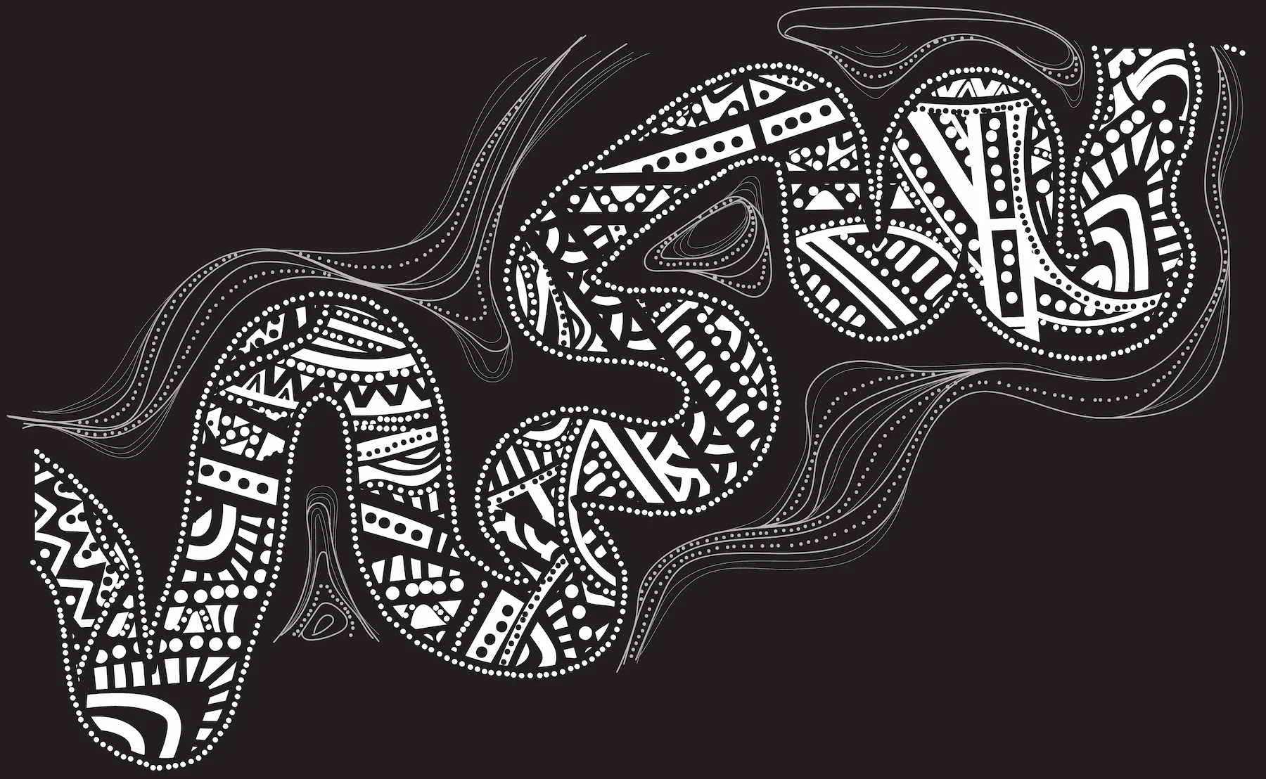 Freshwater Saltwater Markings by Casey Coolwell-Fisher. This image represents freshwater and saltwater, 2 distinct waters that surround and are spread throughout Country. Casey is a Quandamooka woman with traditional ties to Minjerribah (North Stradbroke Island).