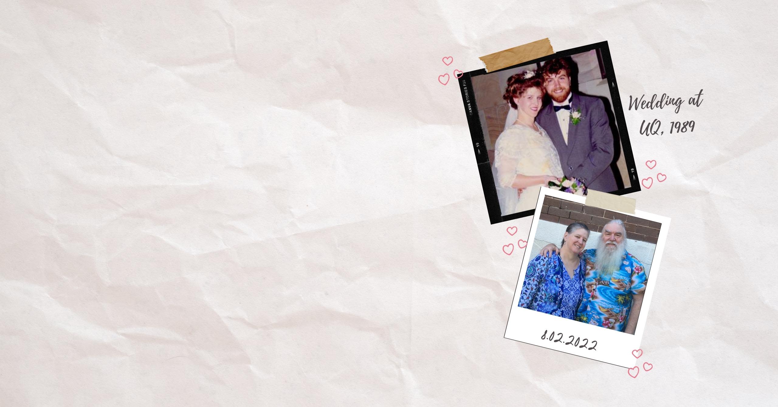 Collage of UQ couple including one photo from their wedding in the Great Court in 1998 and another of them together in February 2022.