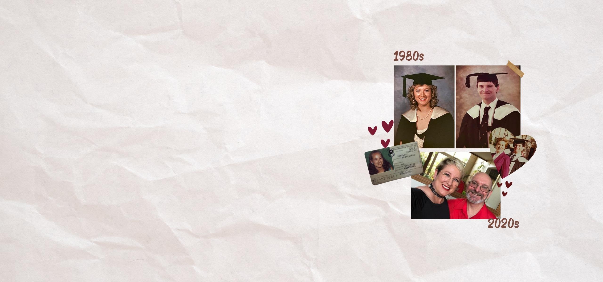 Collage of Ronelle and Derek in scrapbook style. The images include two single shots from each person's graduation day, one grad photo together, a scan of Ronelle's student ID, and a photo of them now - 40 years later!