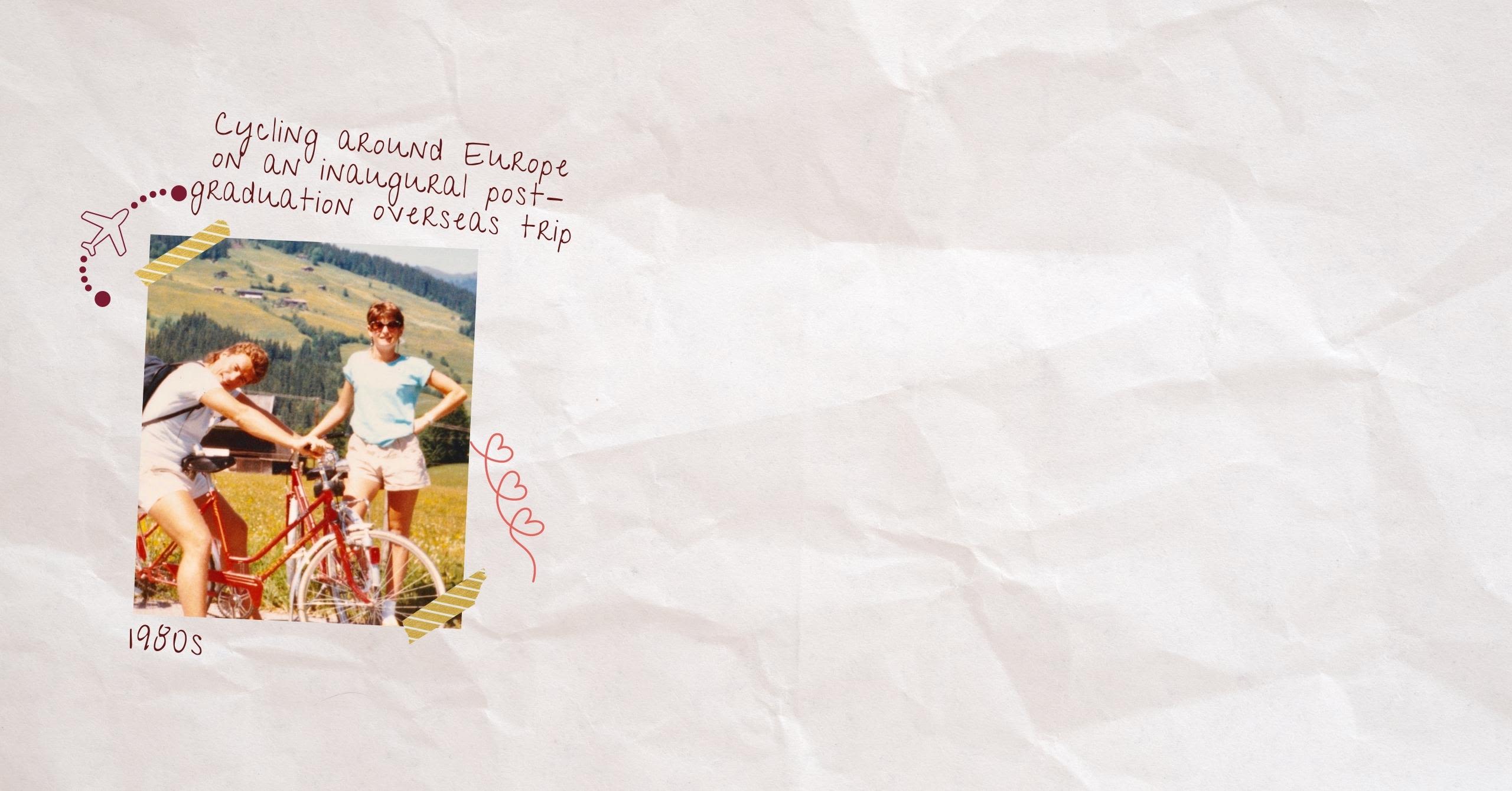 Photo captioned, 'cycling around Europe on an inaugural post-graduation overseas trip'. The photo is from the 1980s and is of the couple, with Michael sitting on a red bike and Louise standing besides him wearing a blue t-shirt.