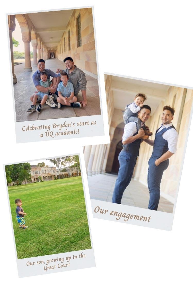 Collage of polaroid photos taken in the Great Court of Brydon and Nic. Two photos are of them and their sons and one is of their son on the Great Court lawn.