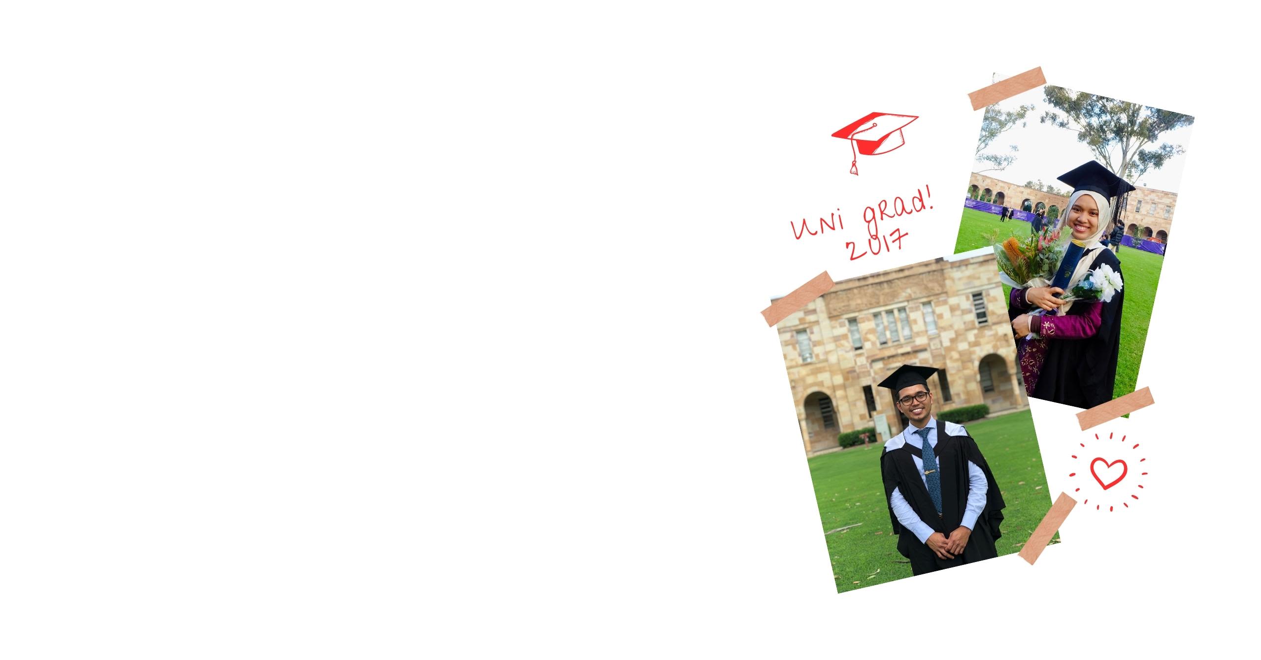 Two photos on a white background of Nina and Adham's graduation day in the Great Court. The collage is captioned 'Uni Grad! 2017'
