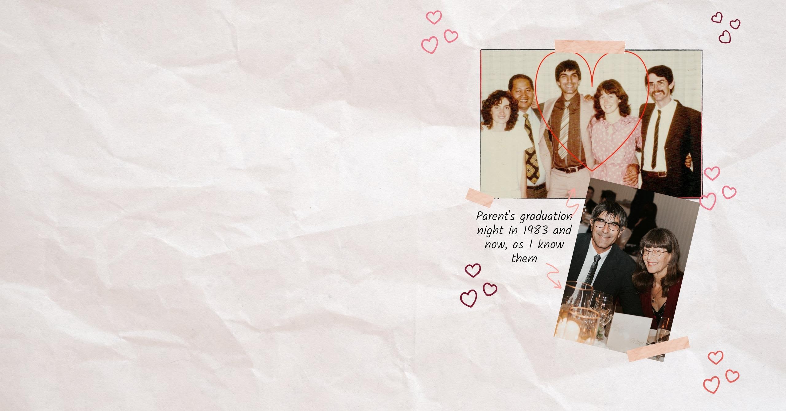 Scrapbook-style collage of Lisa's parents. The top photo is of them on their graduation day. The bottom photo is of them recently. There is a caption which reads, 'parent's graduation night in 1983 and now, as I know them'.