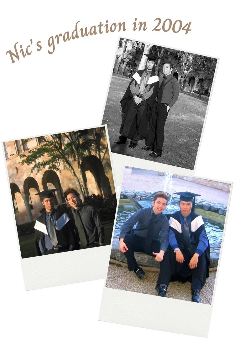 Collage of Nic's graduation photos from 2004. Four photos, all in polaroid frames, taken in the Great Court of the couple.