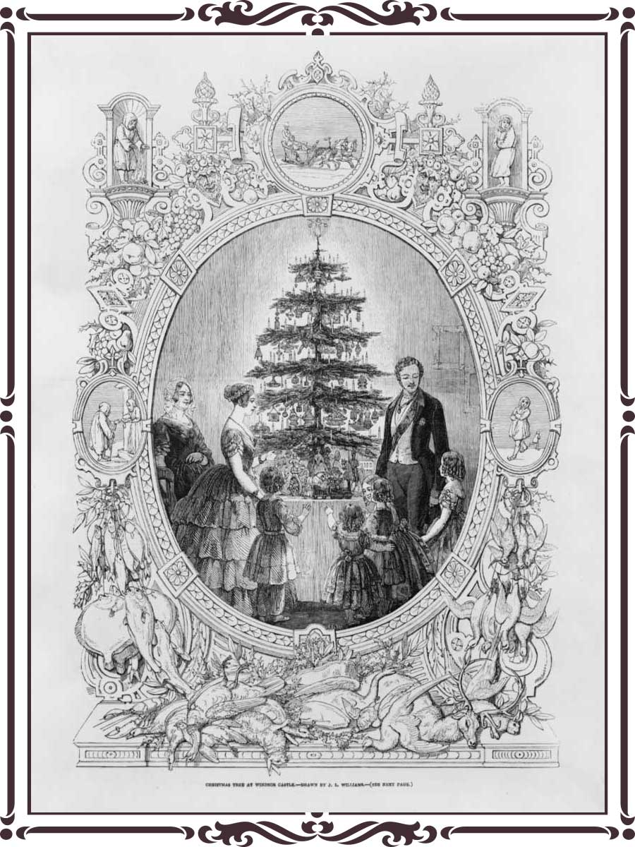 An engraving from The Illustrated London News depicting Queen Victoria, her husband Albert and their children around a candlelit tree.