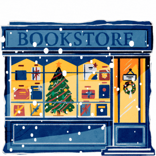 An illustration of a bookstore with a Christmas tree in the window. It's snowing outside.