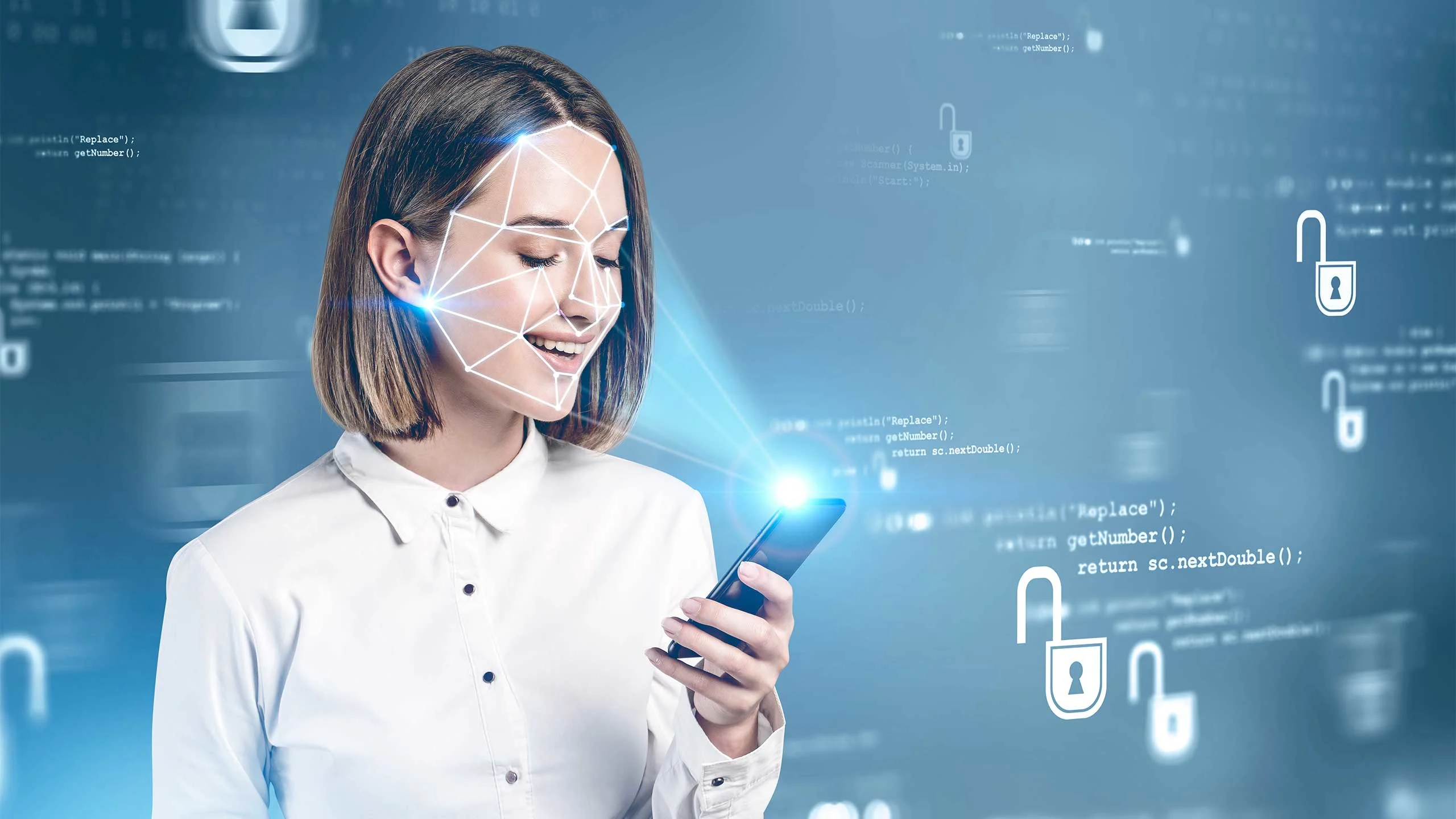 Young woman with phone, using face recognition.