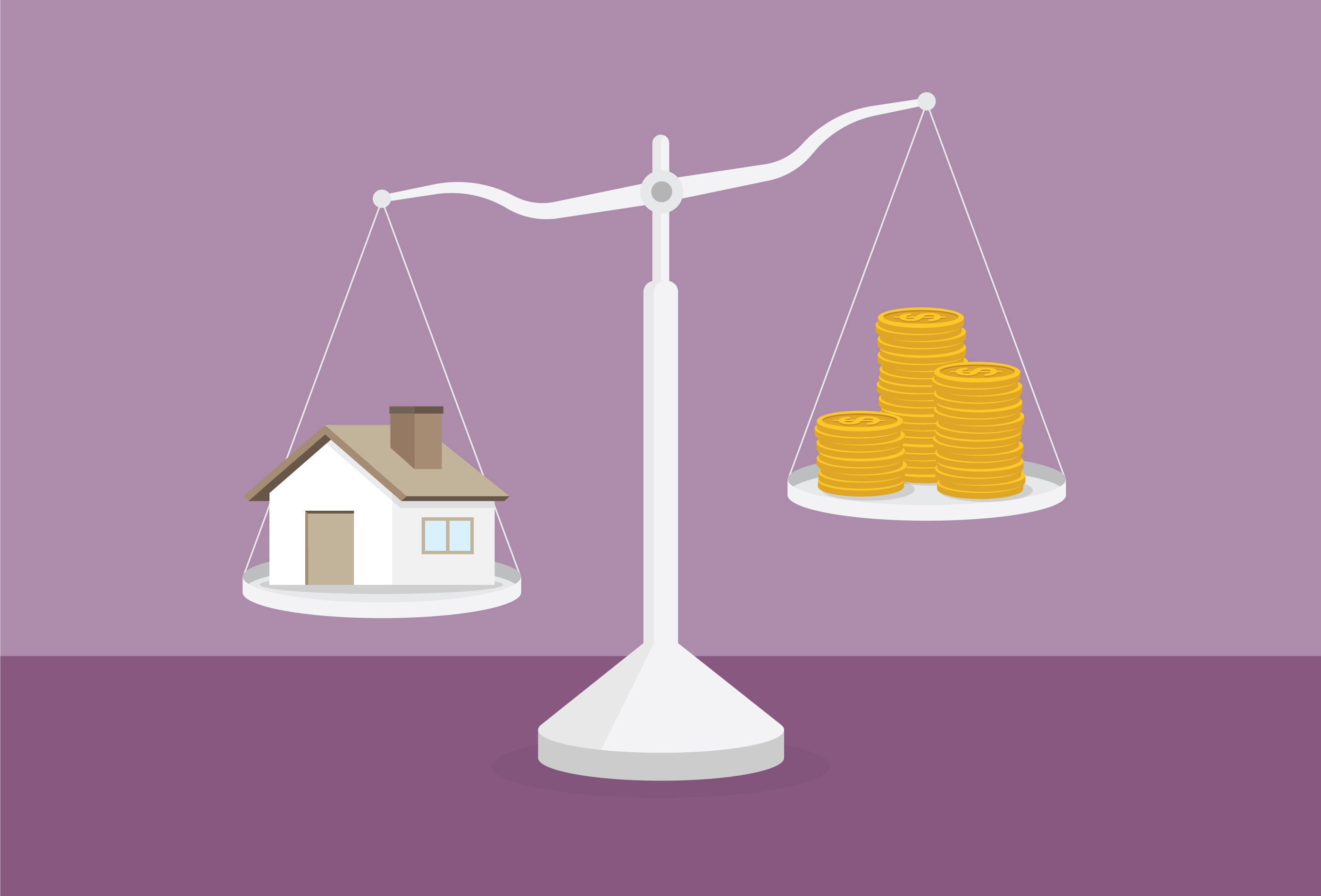 A set of old-fashioned balance scales, with a house on one side and stacks of coins on the other