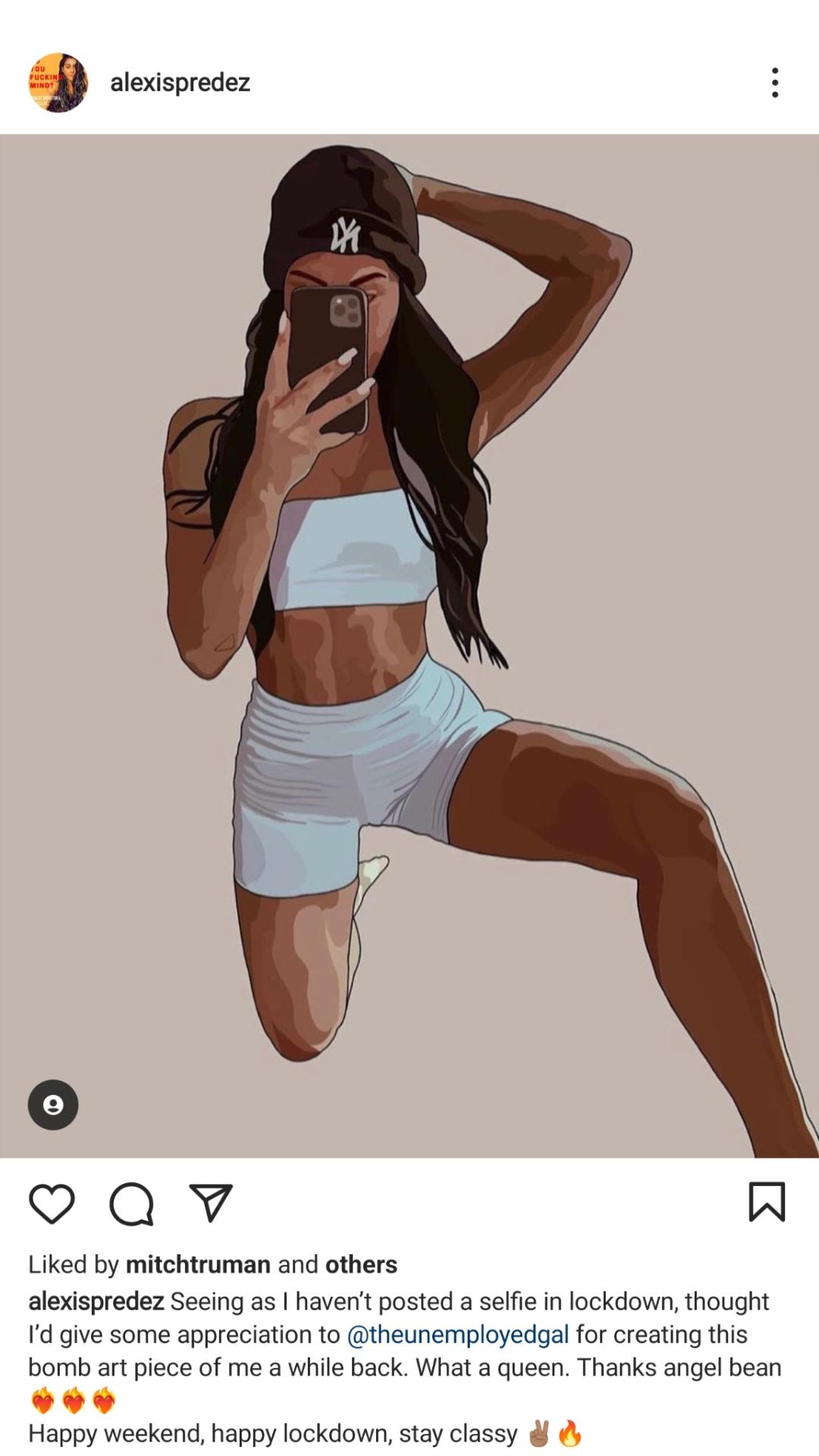 Screenshot of a post from Alexis' Instagram of a animated drawing of her taking a mirror selfie.