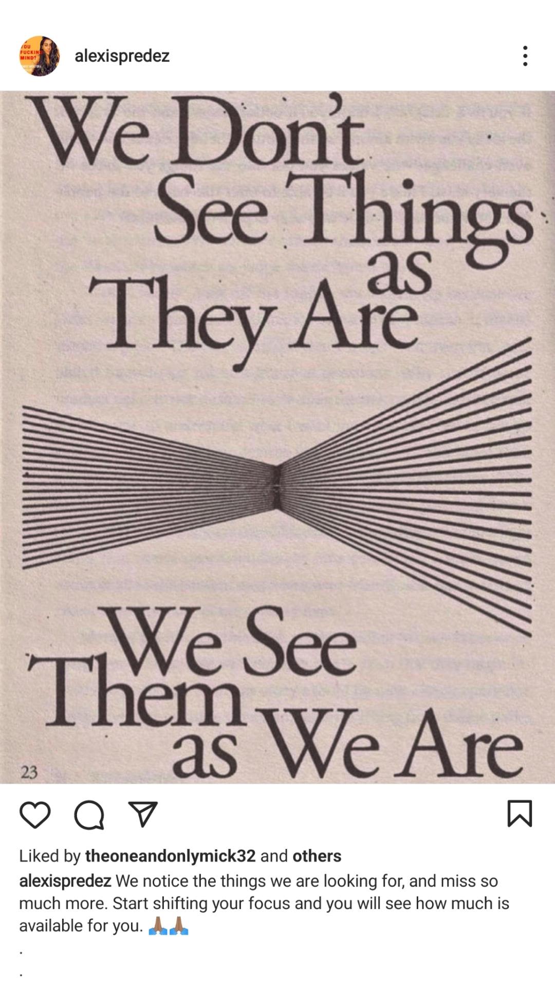 Screenshot of a post from Alexis' Instagram that reads, 'We don't see things are they are. We see them as we are.'.