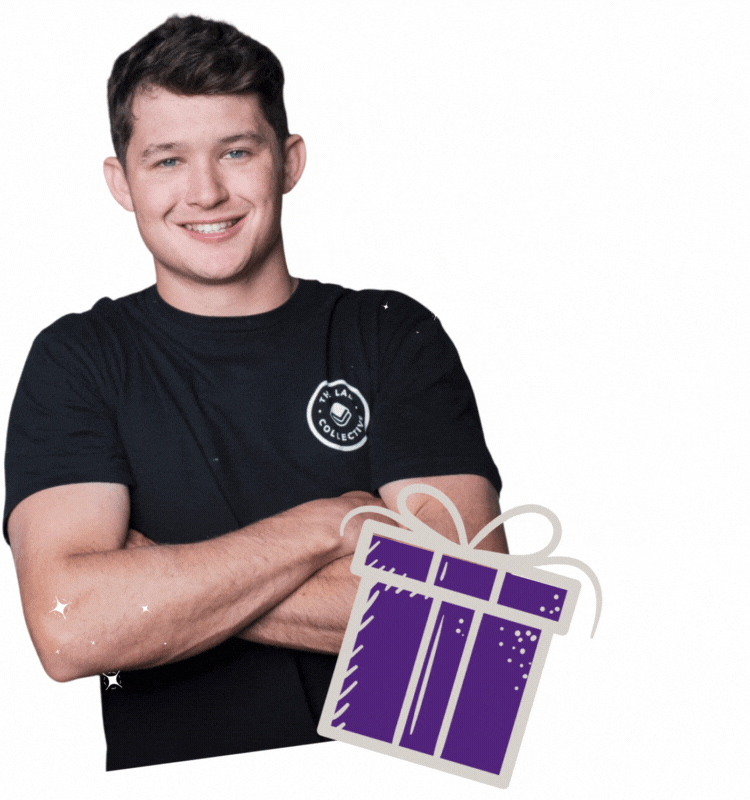 An animated graphic of Ed Ovenden showing Lad Collective bedwear coming out of an opening box.