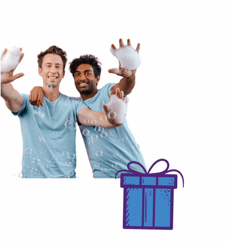 An animated image of May Bandi and Lachlan Hill revealing Tirtyl products popping out of an opening gift box.