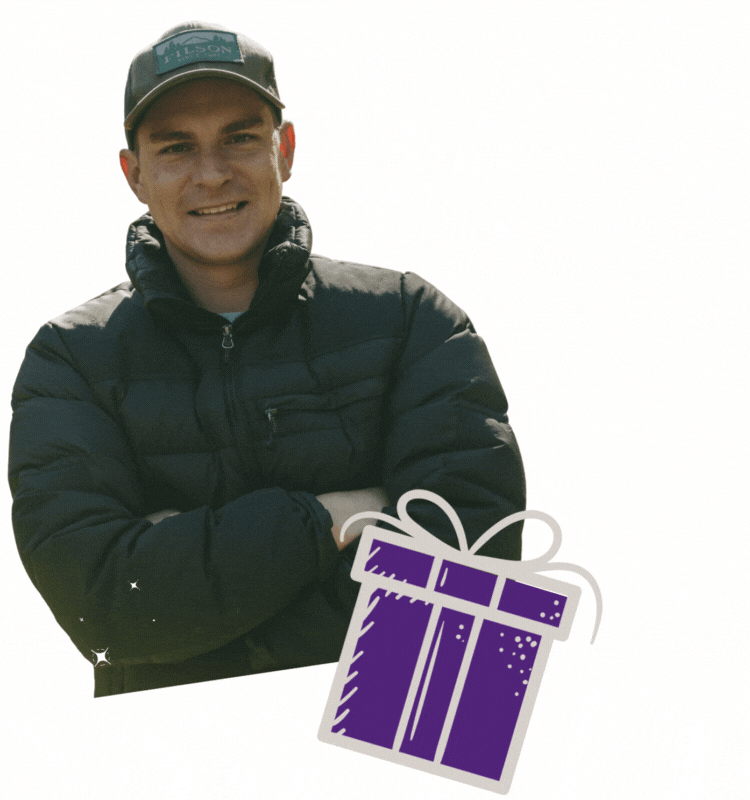 An animated image of Sam Schumann revealing Alton outdoor products popping out of an opening gift box.