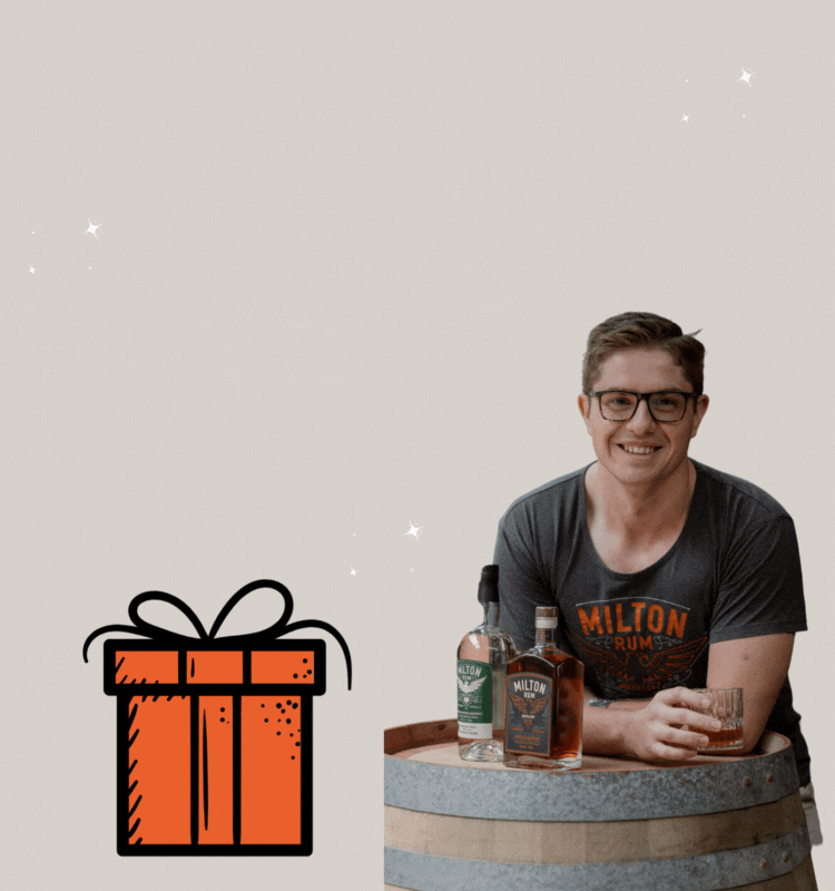 An animated image of Alexander Bell revealing a Milton Rum bottle popping out of an opening gift box.