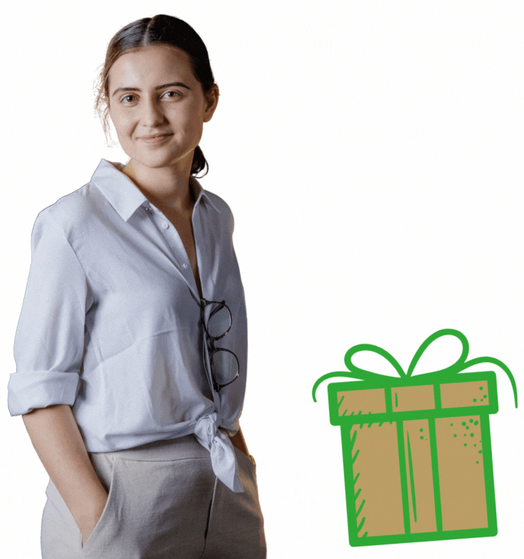 An animated image of Ashley Baxter revealing Monty Compost Co. products popping out of an opening gift box.