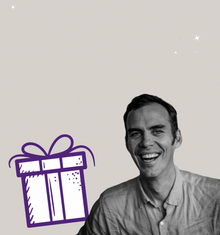 An animated image of Rob Caslick revealing Two Good Co. products popping out of an opening gift box.