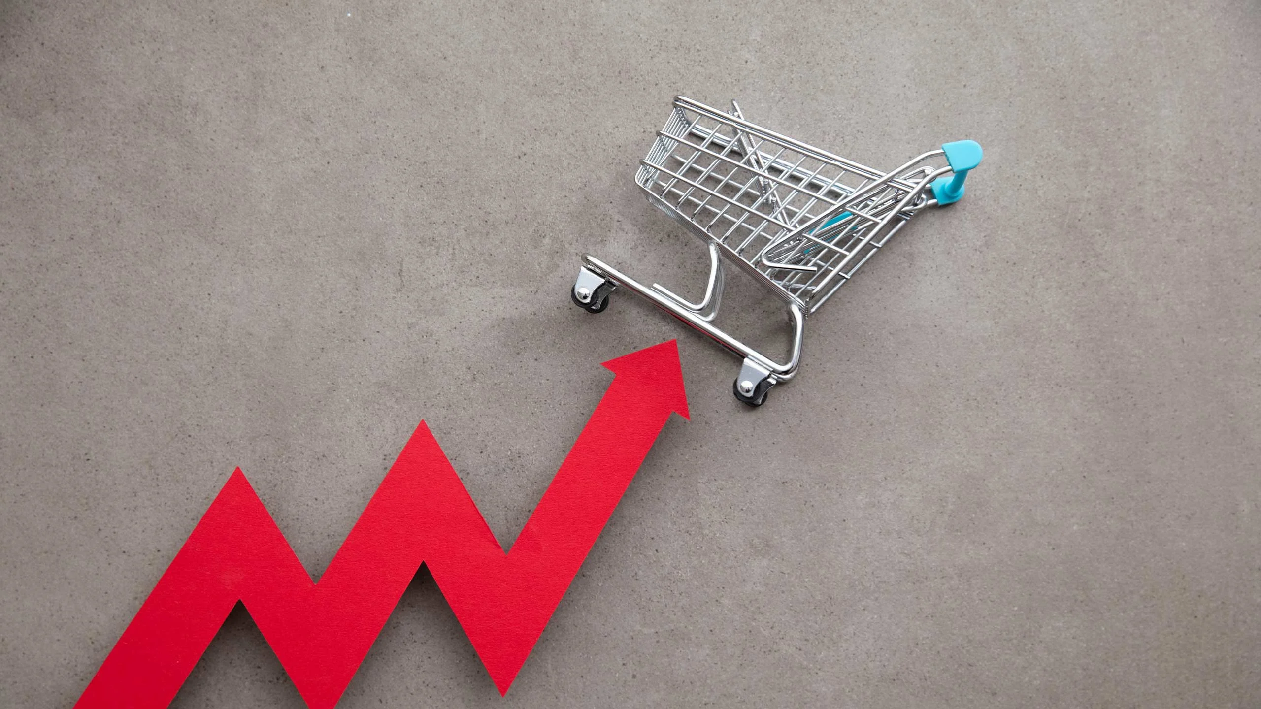 An illustration of a trolley full of groceries with an upwards arrow representing rising prices.