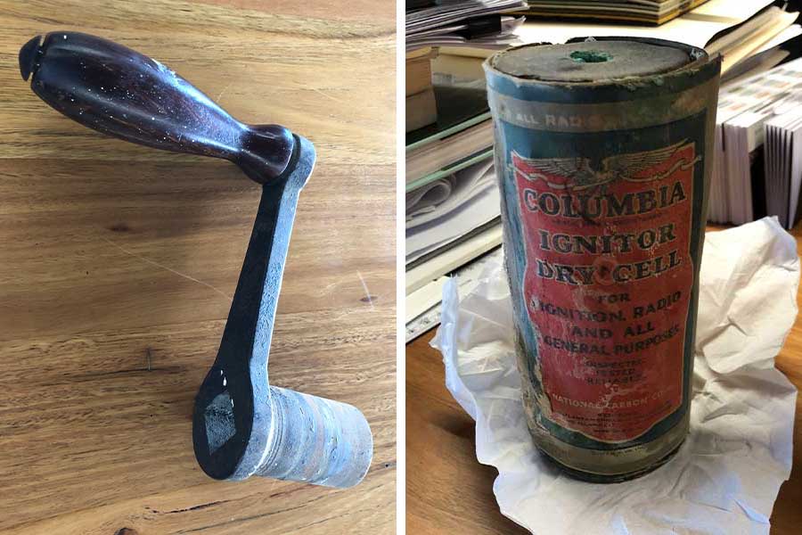 An image of a timber handle winder and a battery, which were some of the artefacts discovered during the restoration process. Images: Conrad Gargett