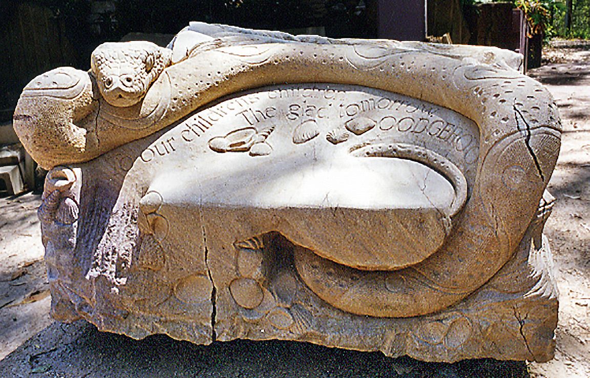 Noonuccal totem seat sandstone sculpture by Rhyl Hinwood