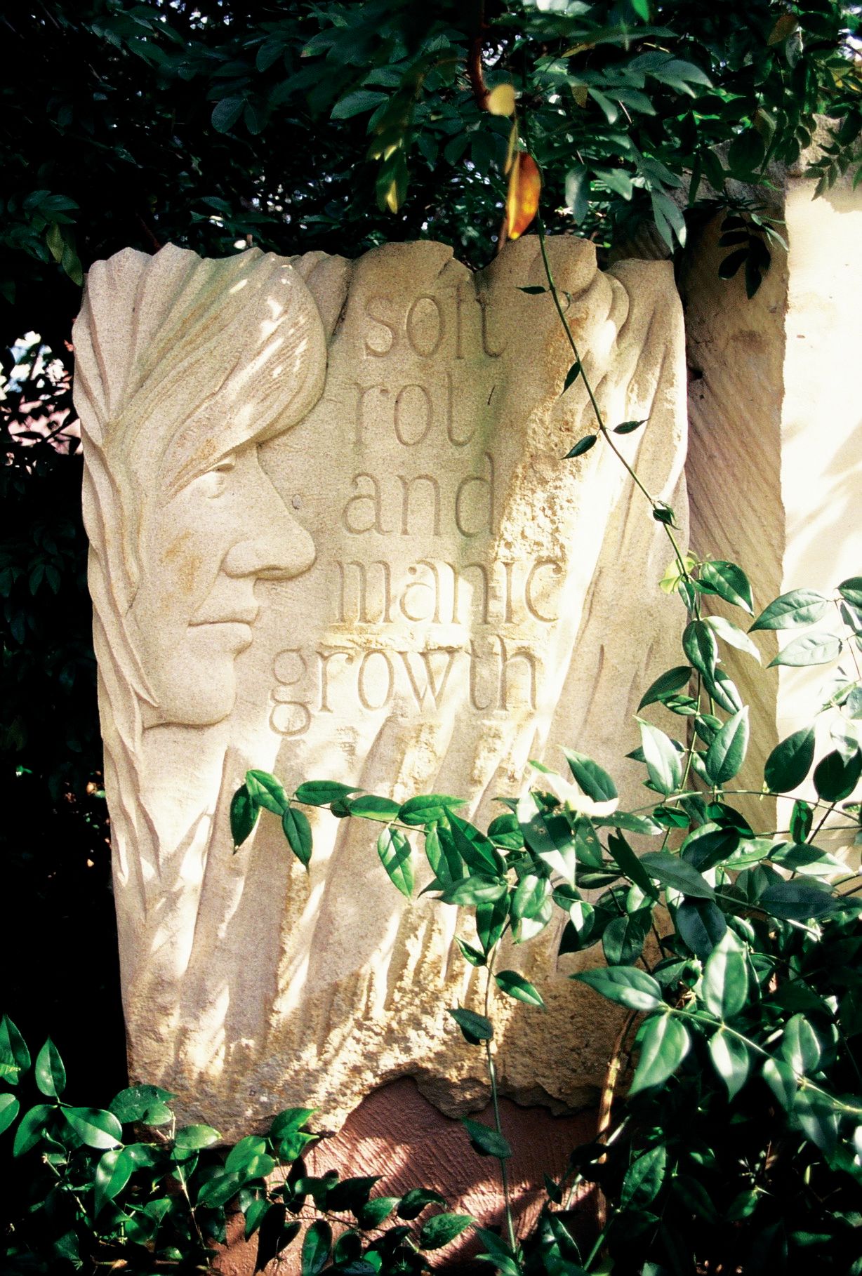 Carving of Janette Turner Hospital at Wordsmiths Cafe