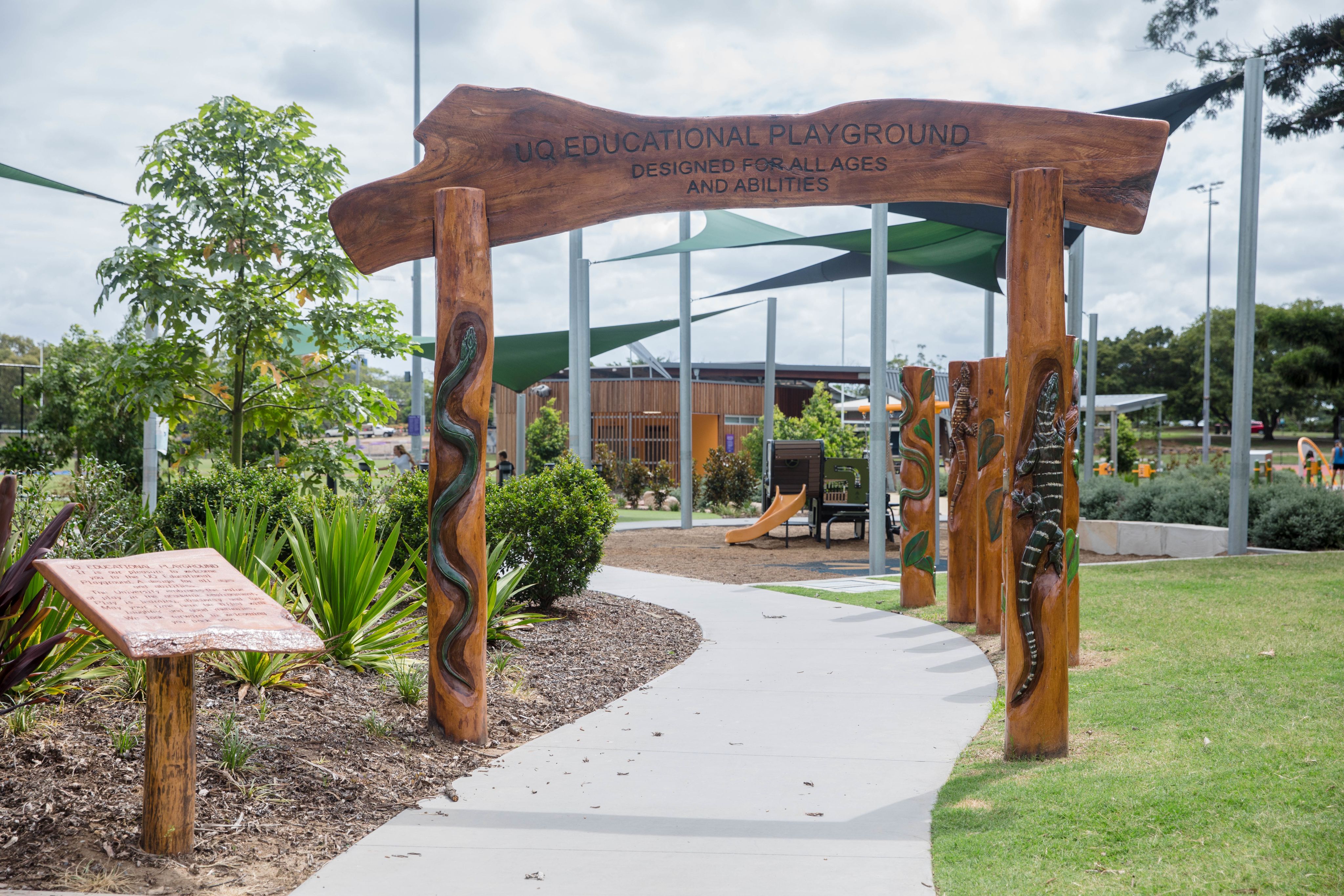 Wooden marker poles in playground