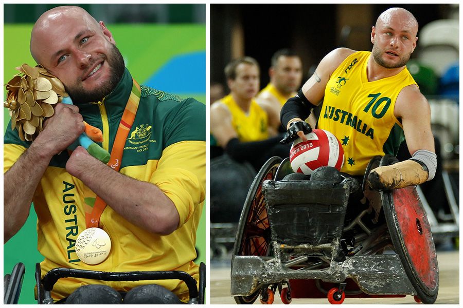 An image of Chris Bond celebrating after winning a gold medal (left), and in action (right), at the 2016 Paralympic Games in Rio de Janeiro.
